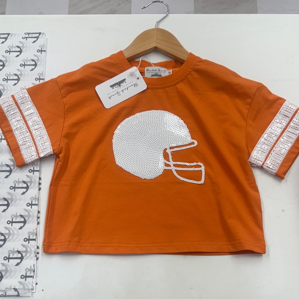 Girls Orange Football Helmet Crop Tee